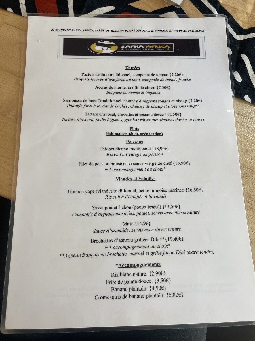 Safna Africa (Boulogne) menu 1