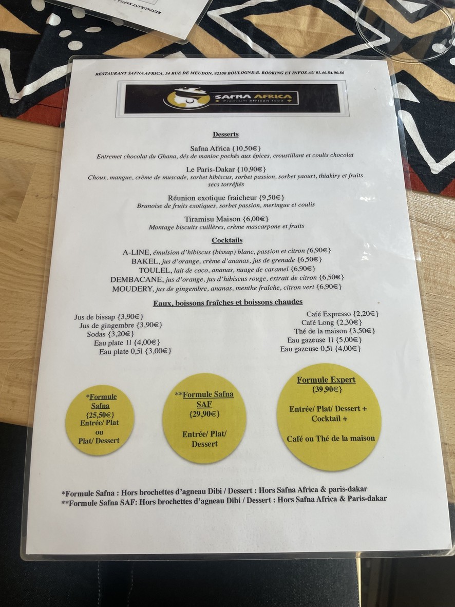 Safna Africa (Boulogne) menu 2