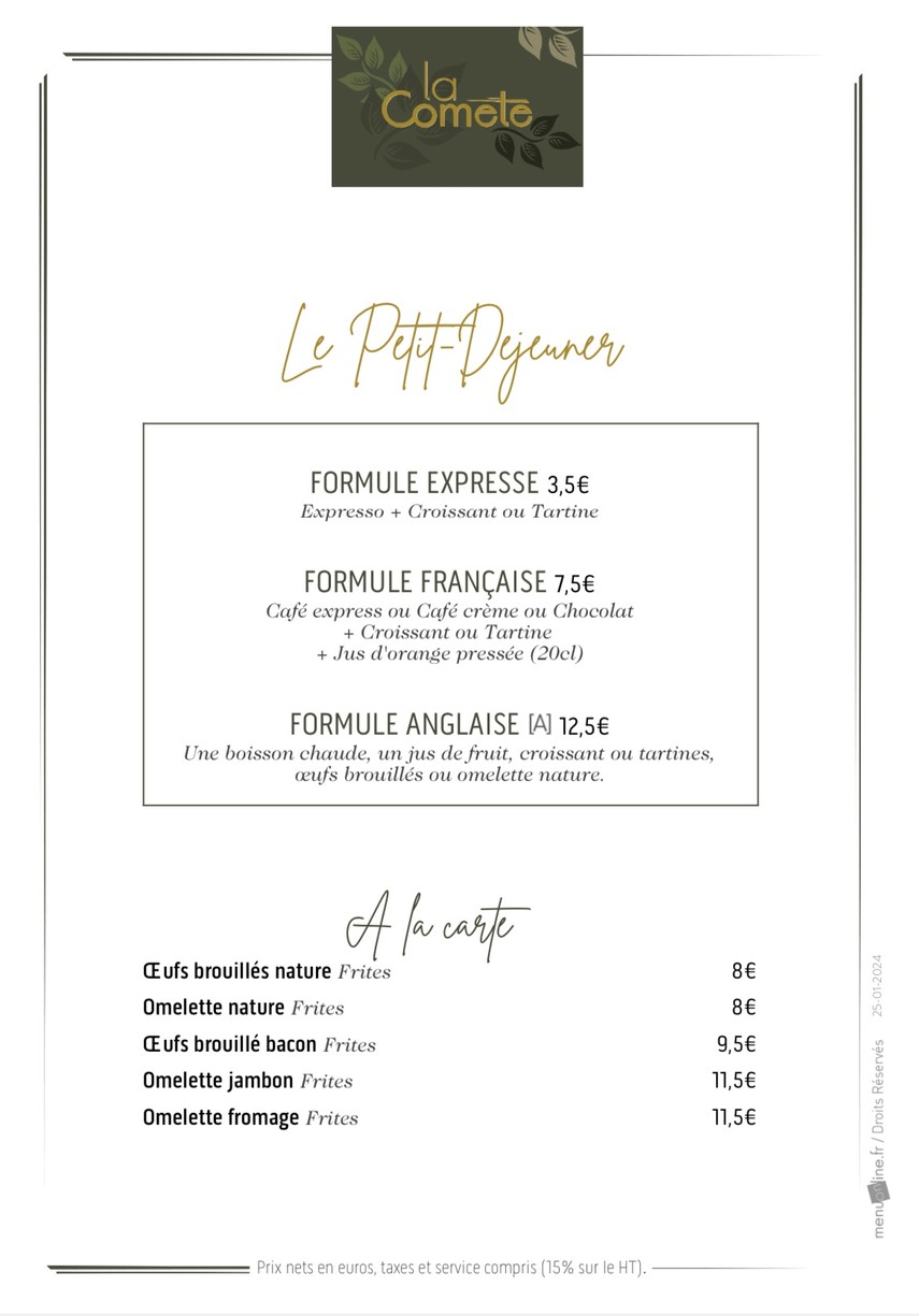 La Comète menu 1