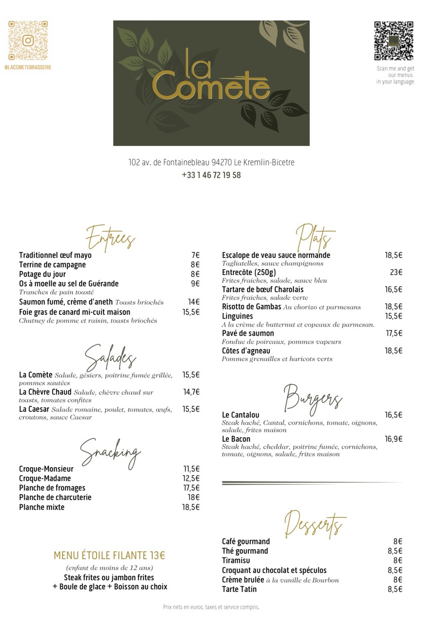 La Comète menu 3