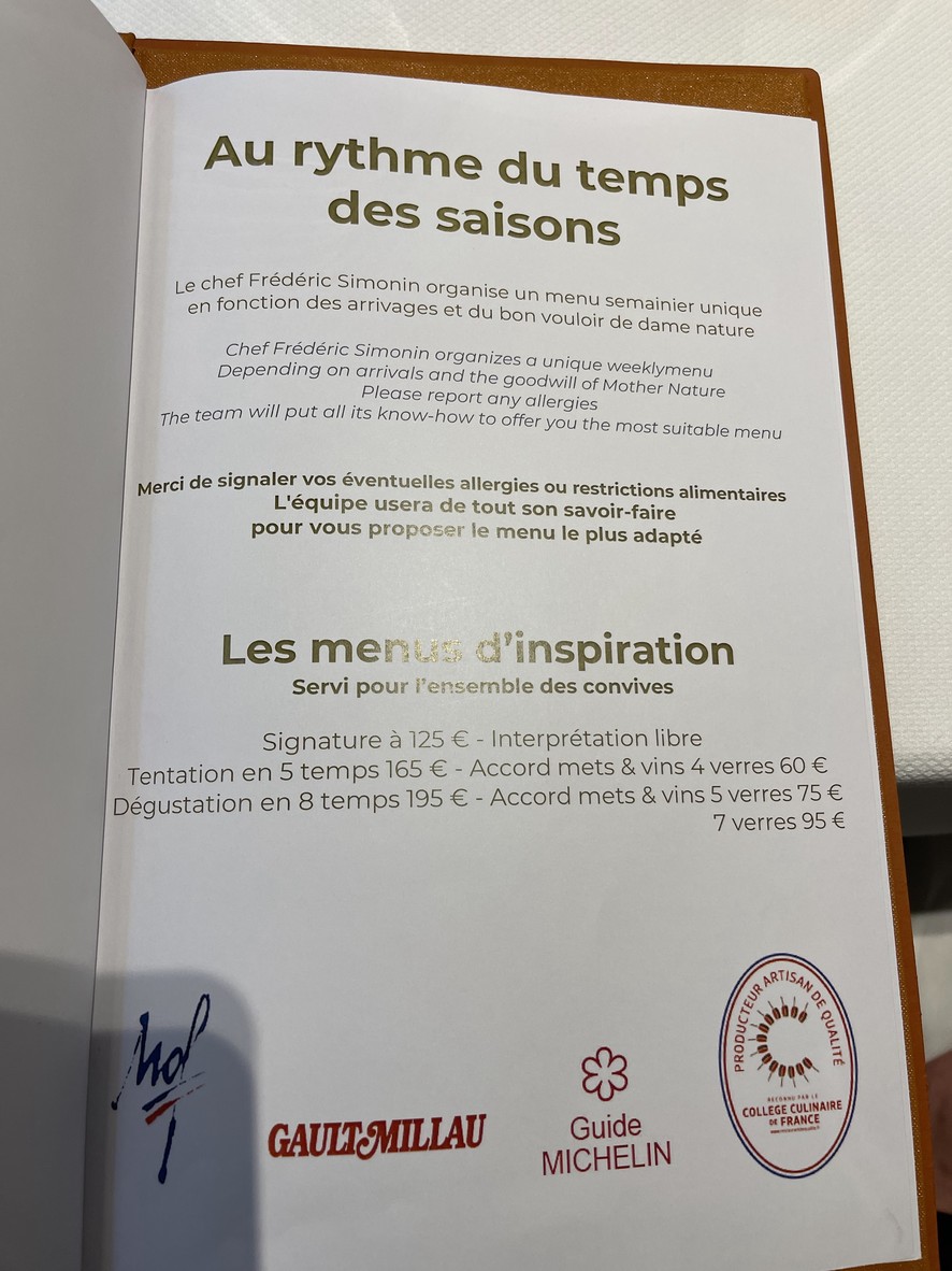 Restaurant Frederic Simonin menu 1