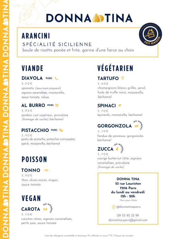 Donna Tina Arancini menu 1