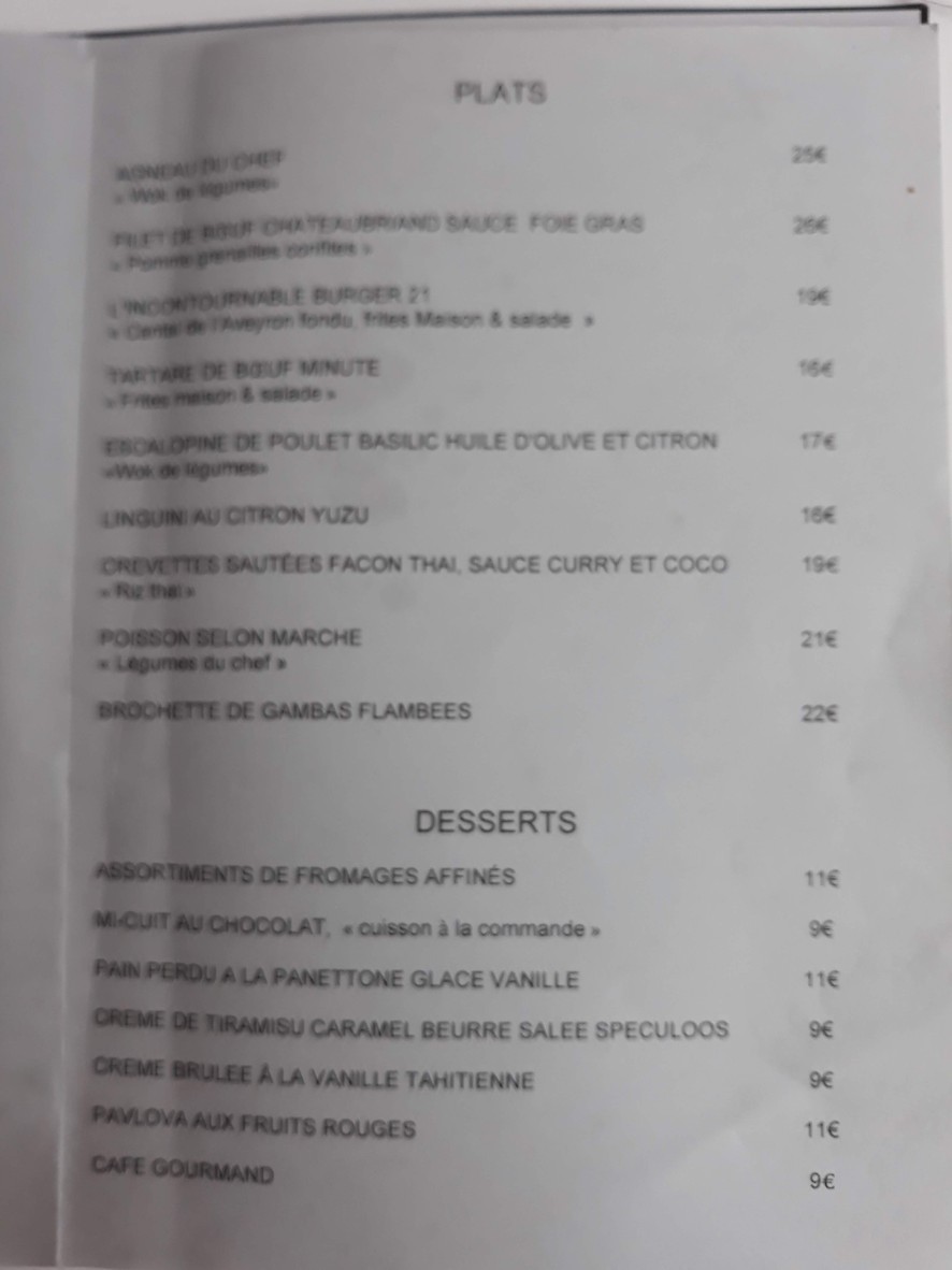 Le bistro 21 menu 3