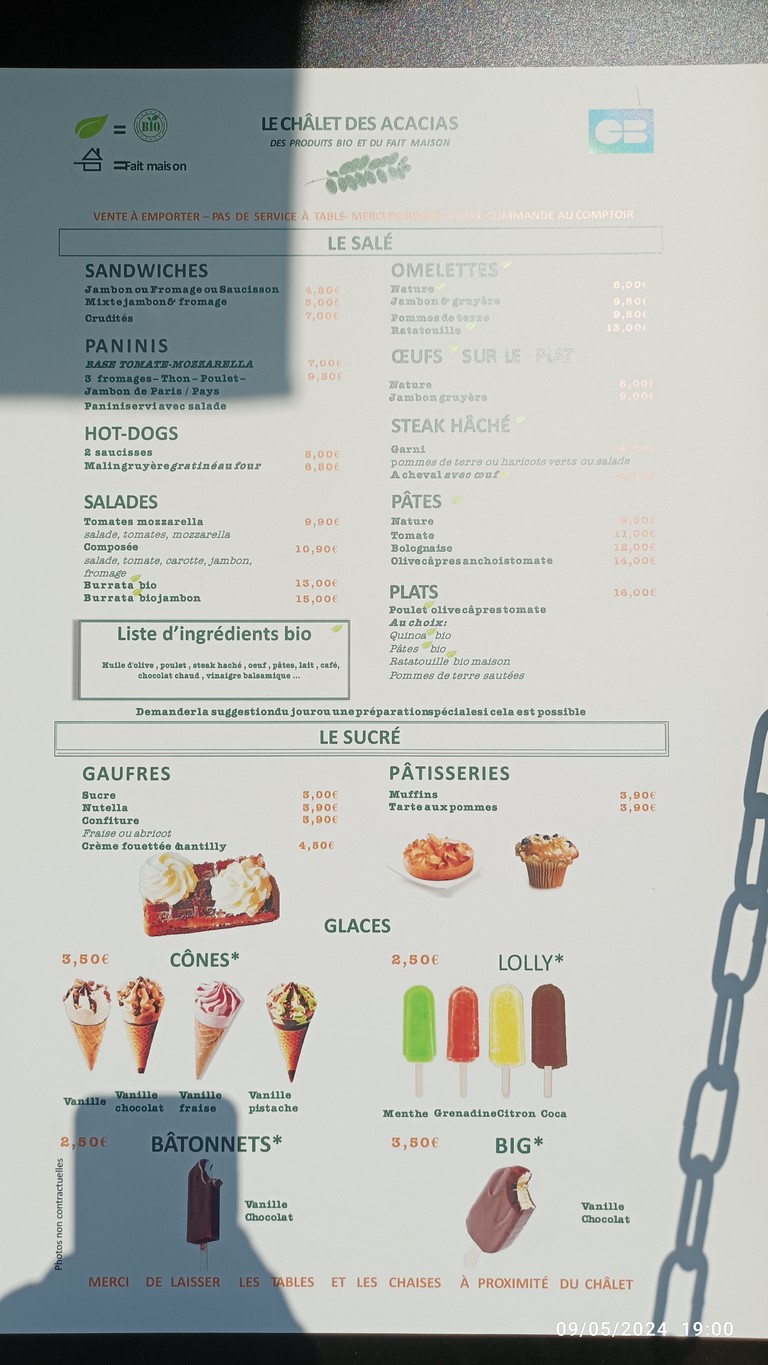Chalet des Acacias menu 1