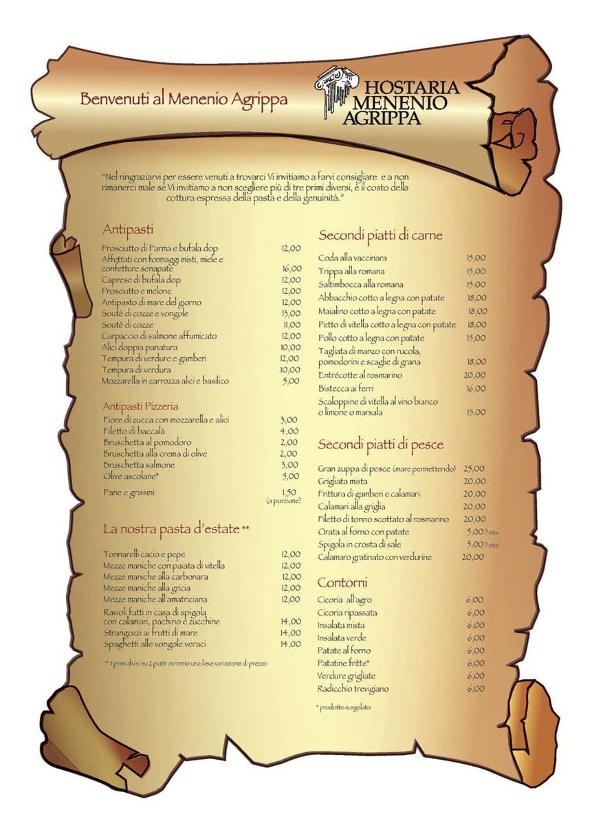 Hostaria Menenio Agrippa menu 1