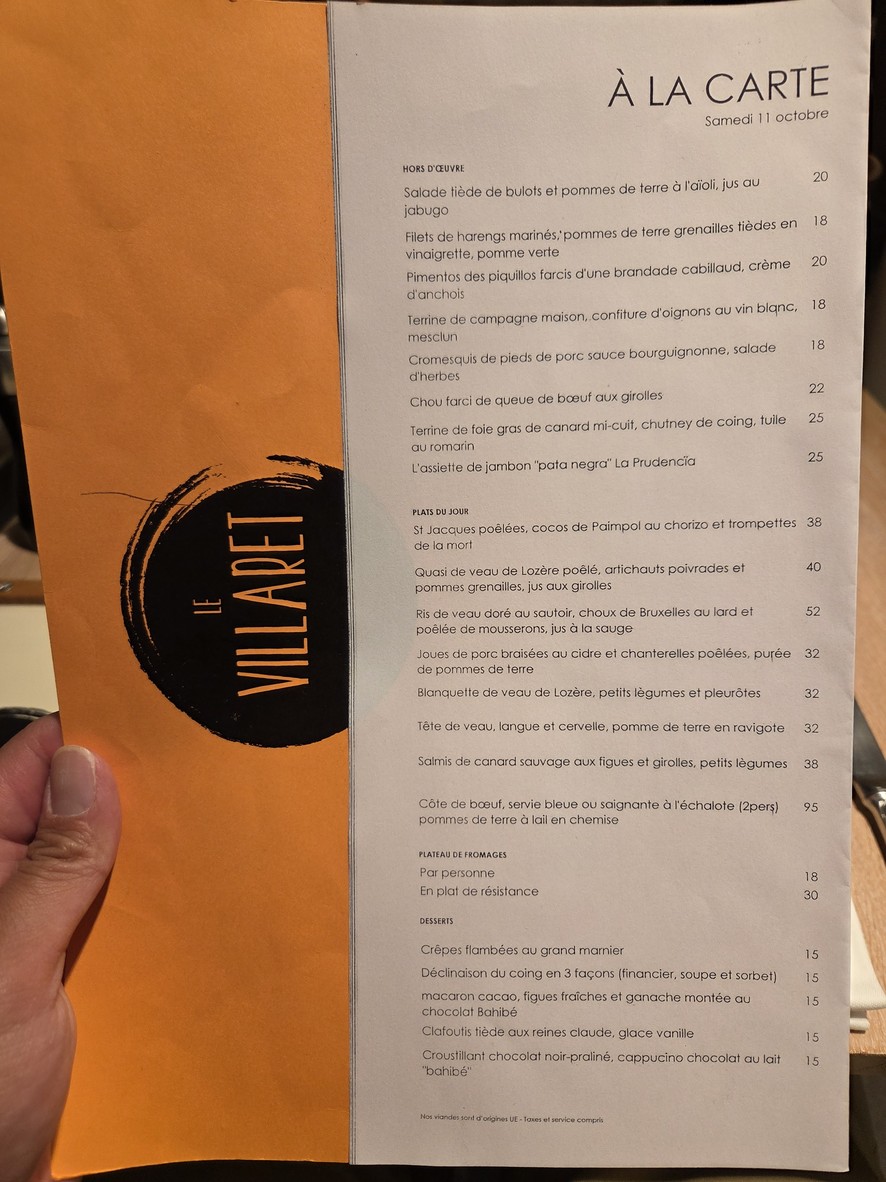 Le Villaret menu 1
