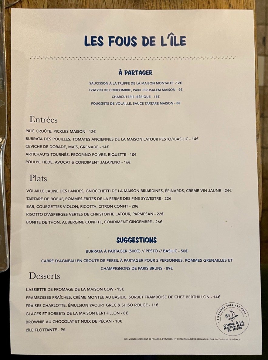 Les Fous de l'Ile menu 1