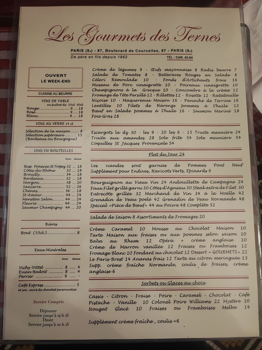 Les Gourmets des Ternes menu 1