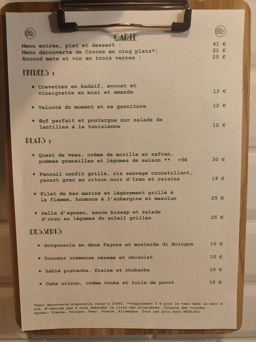 Restaurant Crocus Paris menu 1