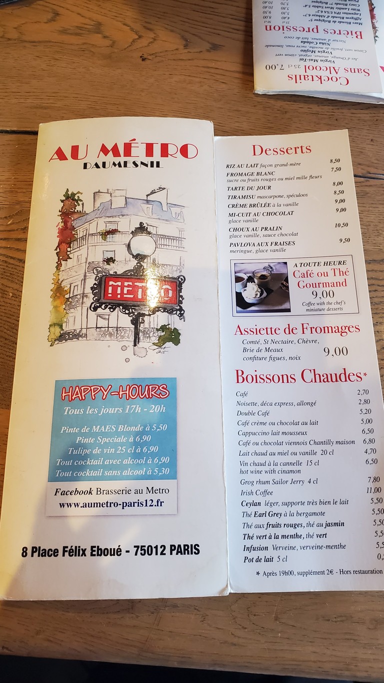Au Métro menu 1