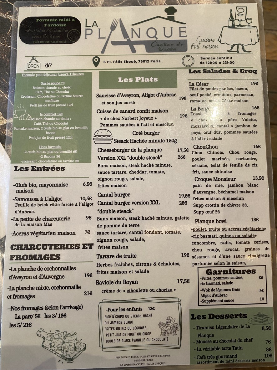 Cantine La Planque menu 1