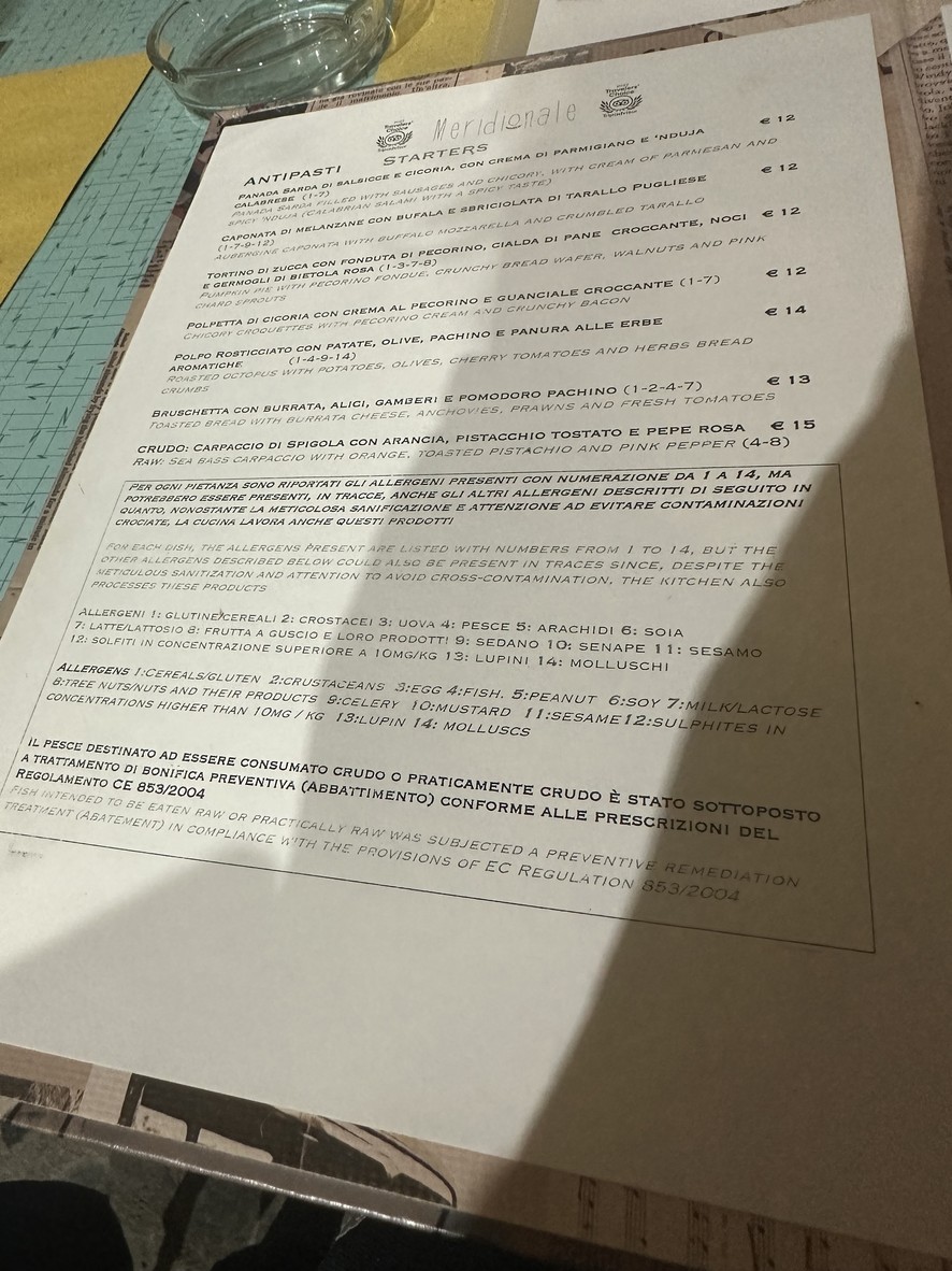 Meridionale Restaurant menu 1