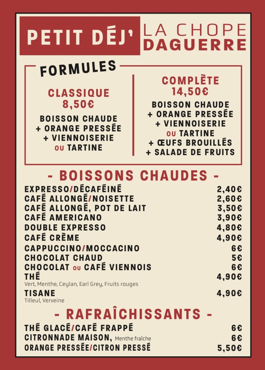 La Chope Daguerre menu 1