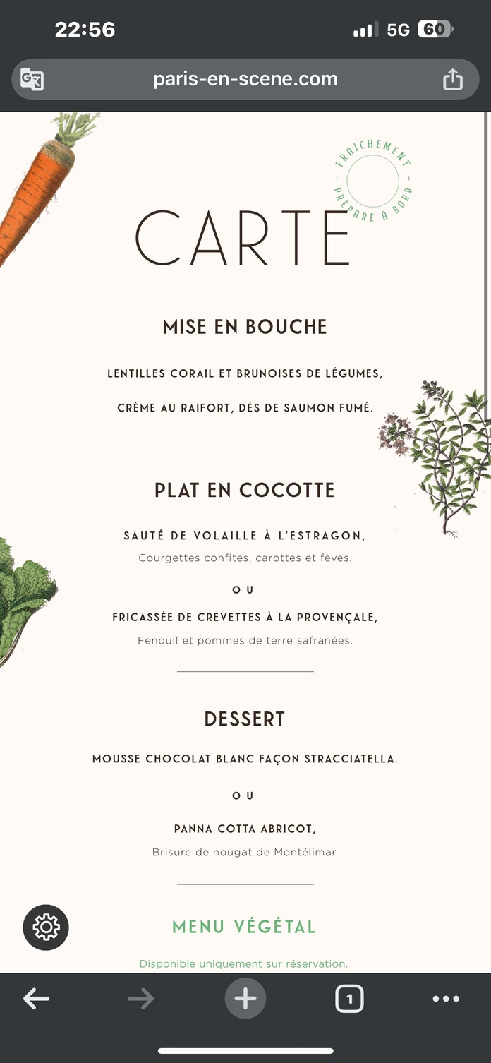 Paris en Scène Diner Croisière menu 1