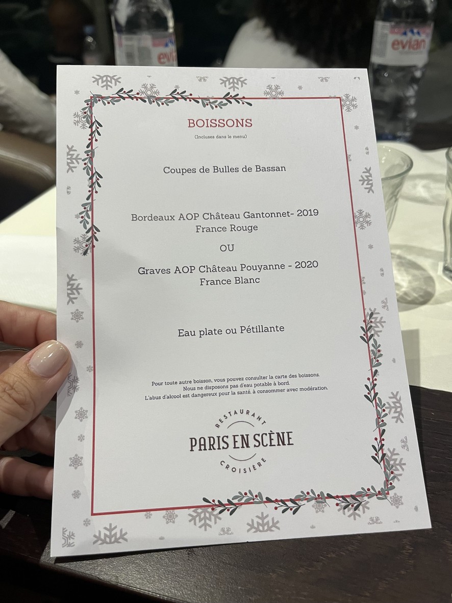 Paris en Scène Diner Croisière menu 2