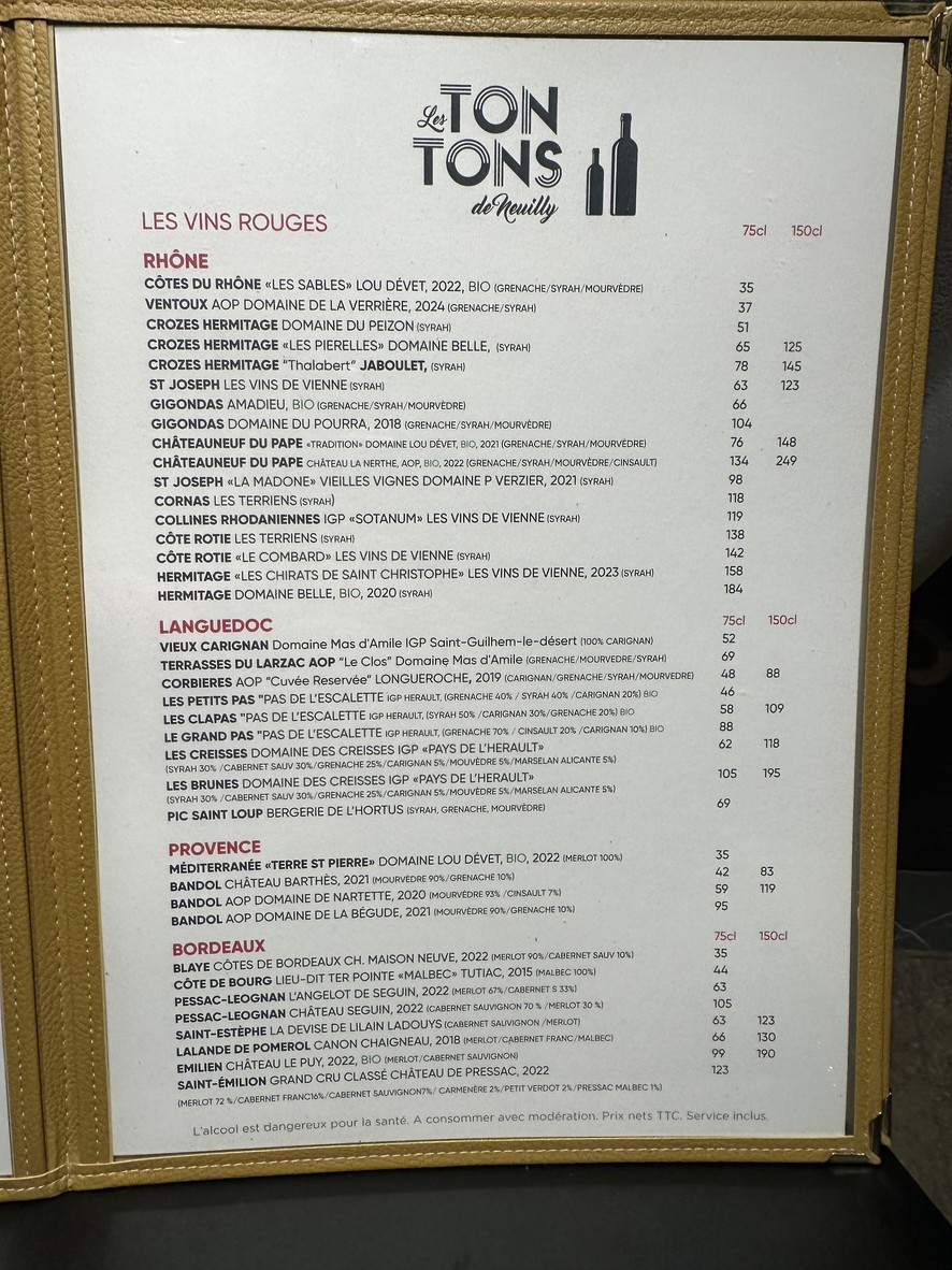 Les Tontons de Neuilly menu 2