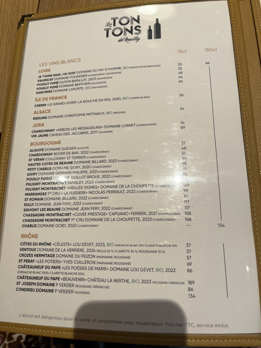 Les Tontons de Neuilly menu 3