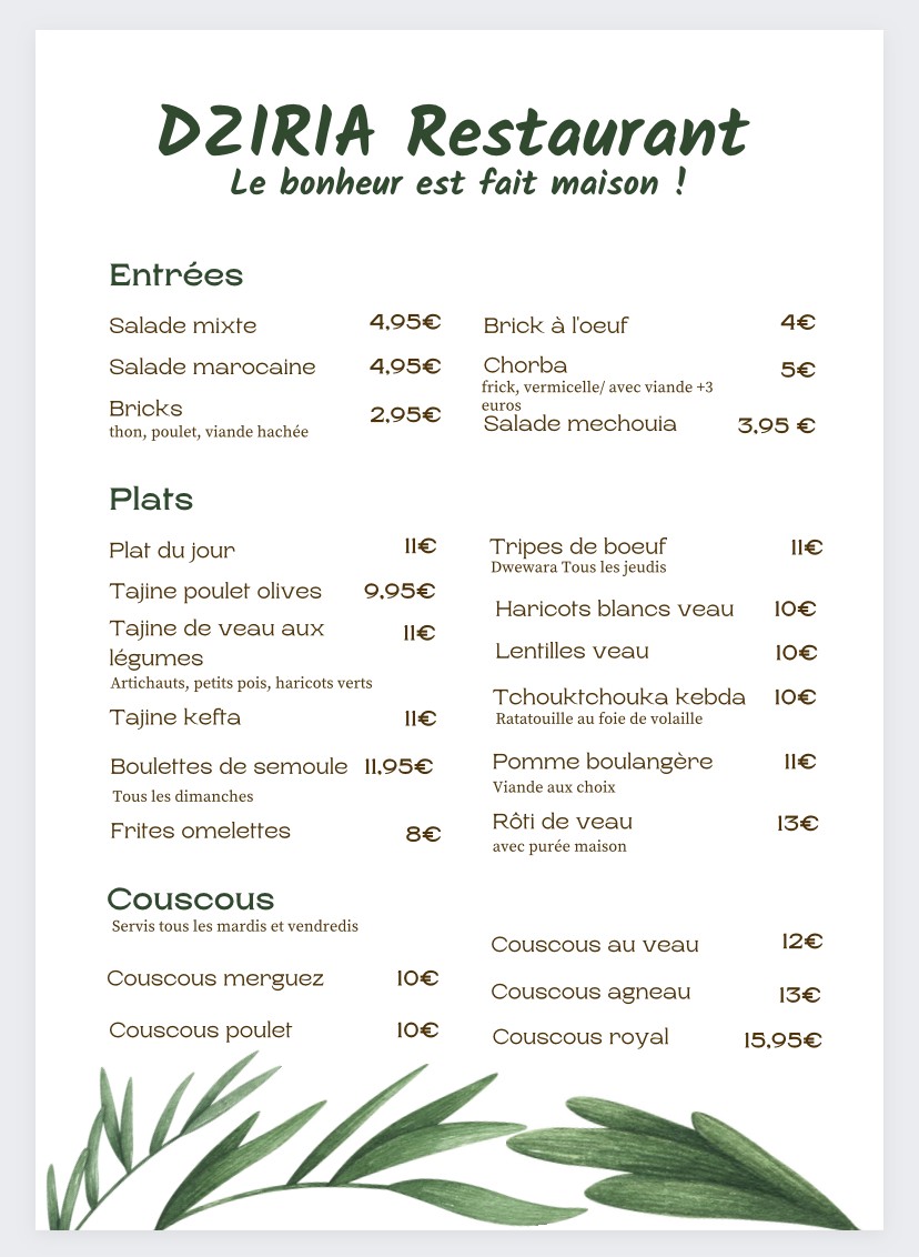 DZIRIA RESTAURANTS menu 1