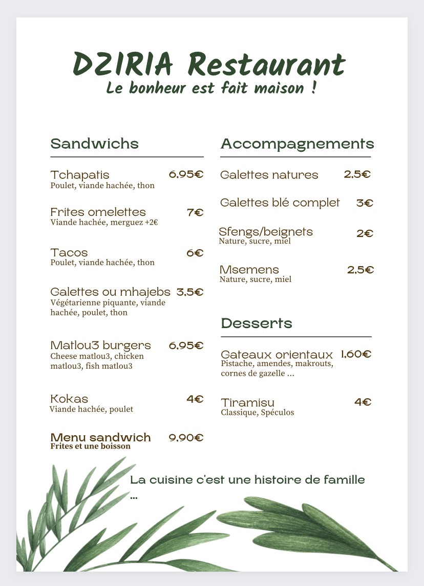 DZIRIA RESTAURANTS menu 2
