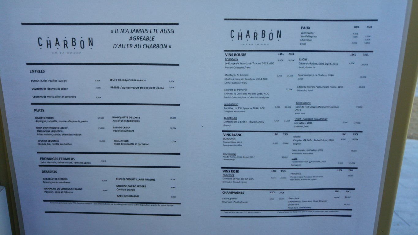 LE CHARBON menu 1