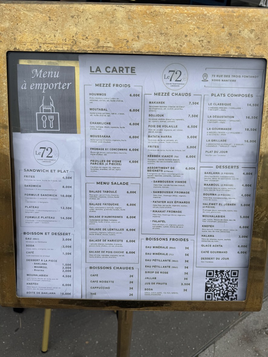 Le 72 - Cuisine Traditionnelle Libanaise menu 1