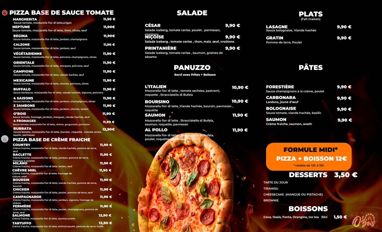 O’bois “Cuisine Au Feu De Bois” Pizza, sandwich et salades menu 2