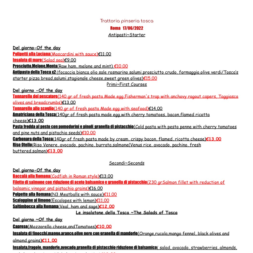 Tosca - Trattoria Pinseria menu 1