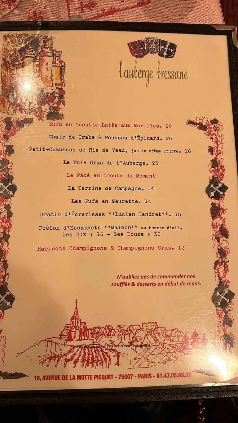 Auberge Bressane menu 1