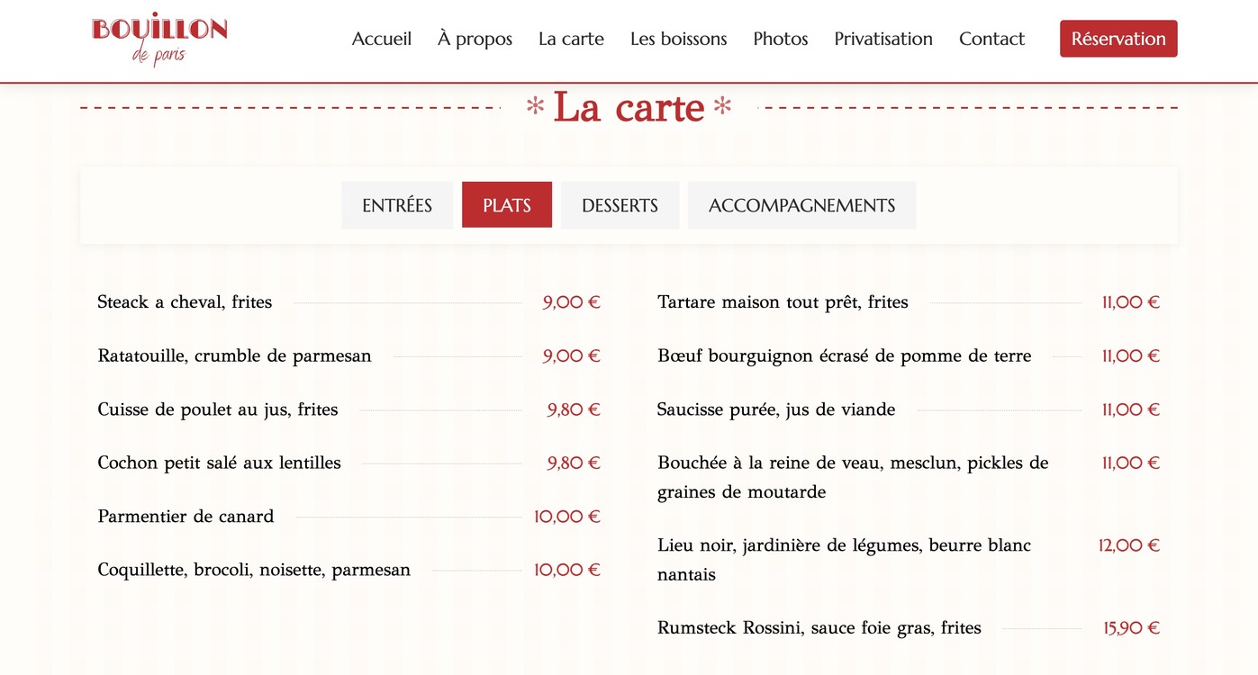Bouillon de Paris - Restaurante Cocina Francesa - París 17 plaza de la República menu 2