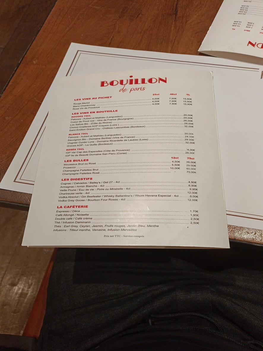 Bouillon de Paris - Restaurante Cocina Francesa - París 17 plaza de la República menu 5