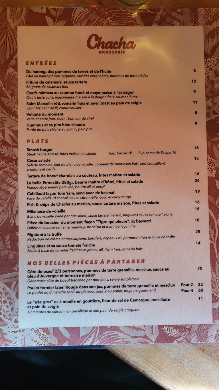 Brasserie Restaurant Chacha | 20ème Arr. menu 1