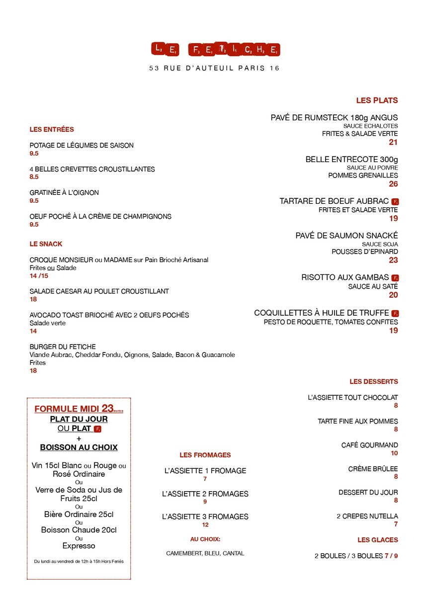 Le Fétiche menu 1
