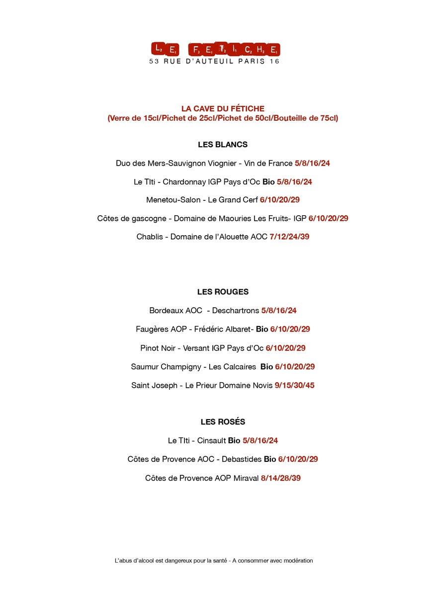 Le Fétiche menu 3