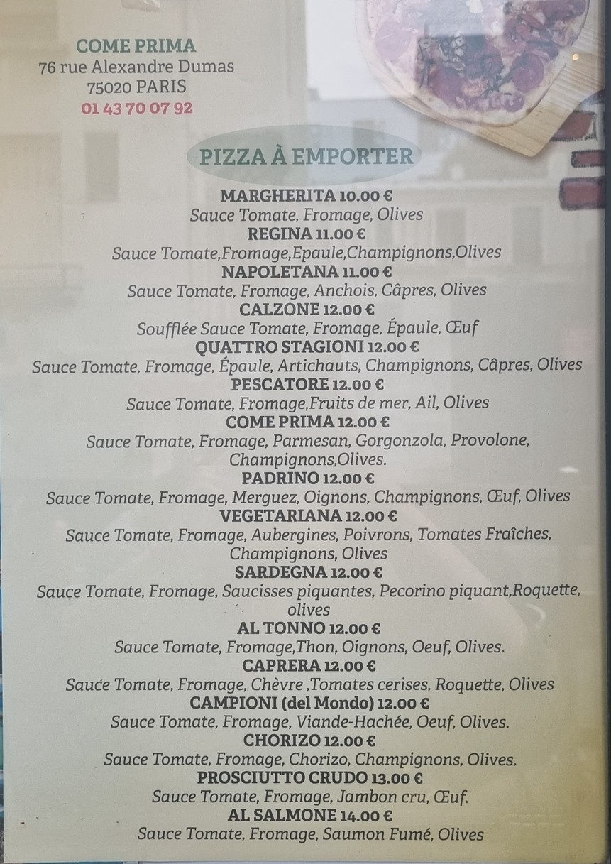 Come Prima 20e menu 3