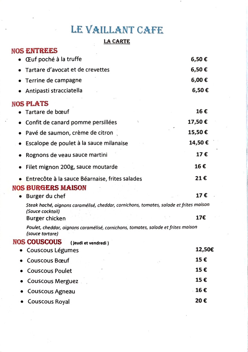 Restaurant café le Vaillant Gentilly menu 1