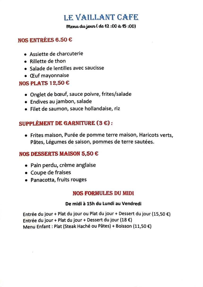 Restaurant café le Vaillant Gentilly menu 2