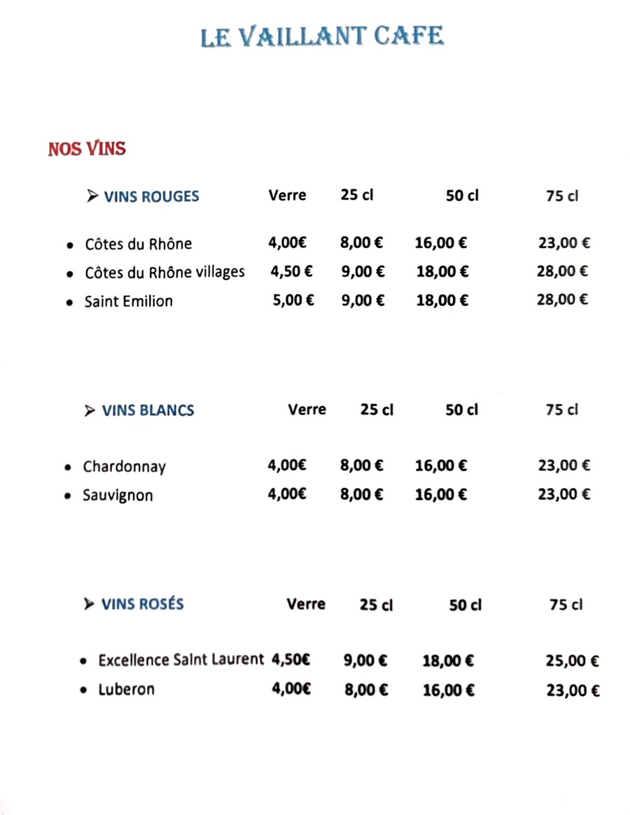 Restaurant café le Vaillant Gentilly menu 3