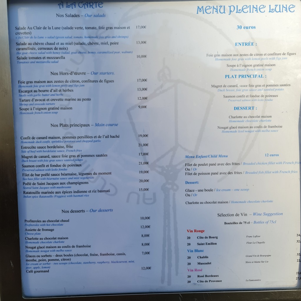 Au Clair de la Lune restaurant Montmartre menu 1