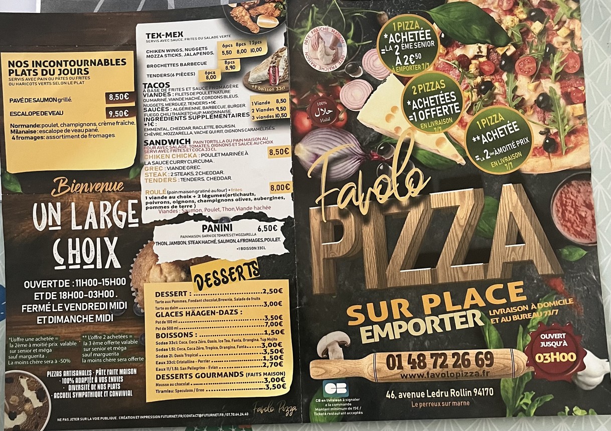Favolo Pizza | Tacos | Burger | Pâte | Livraison | Sur Place | à Emporter menu 1