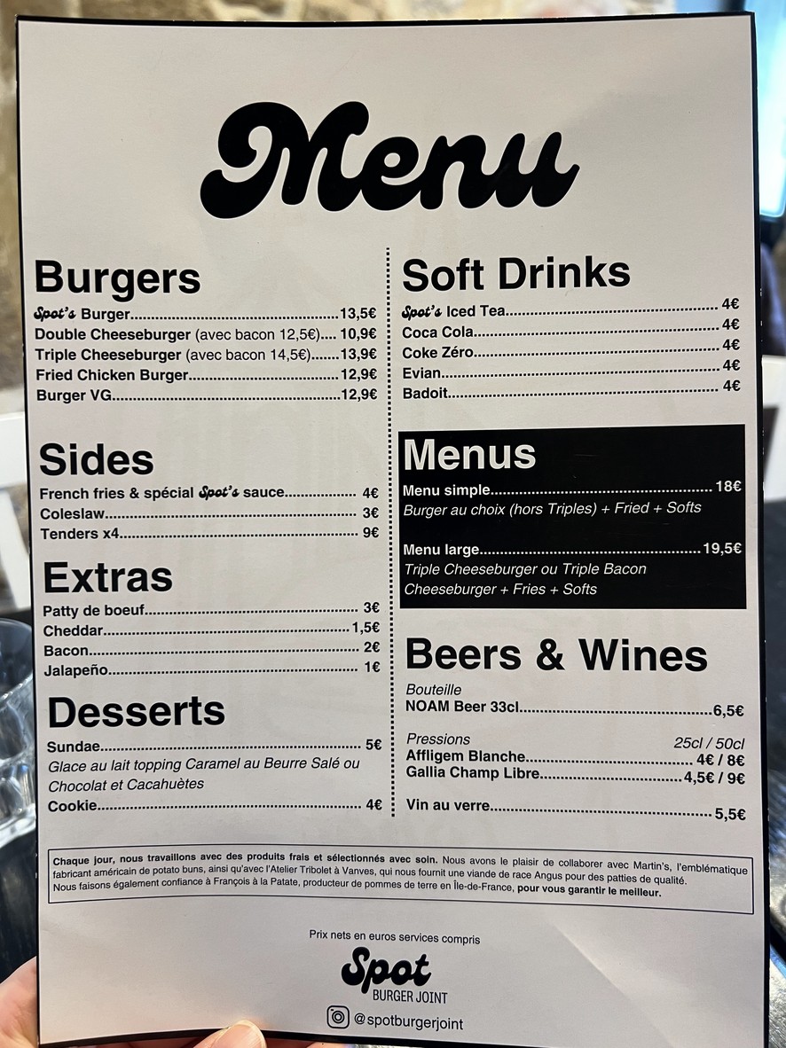 Spot Burger Joint - Boulogne menu 1