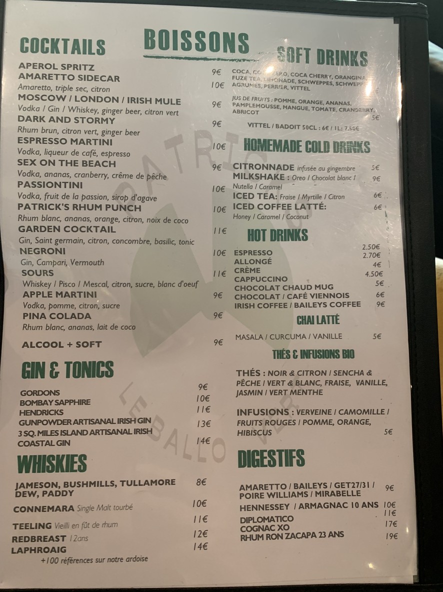 Patrick's - Le Ballon Vert menu 2