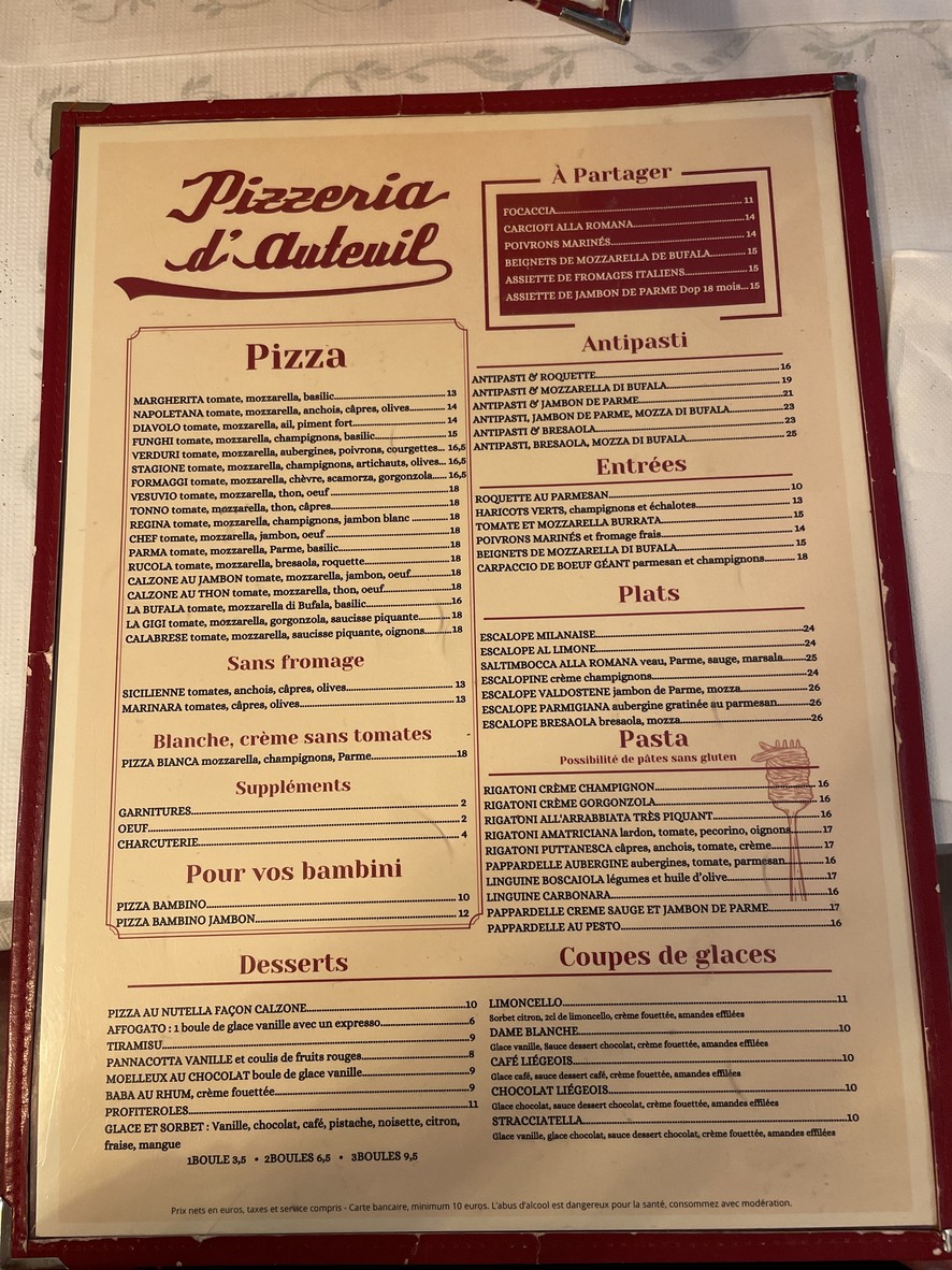 La Pizzeria d'Auteuil menu 1