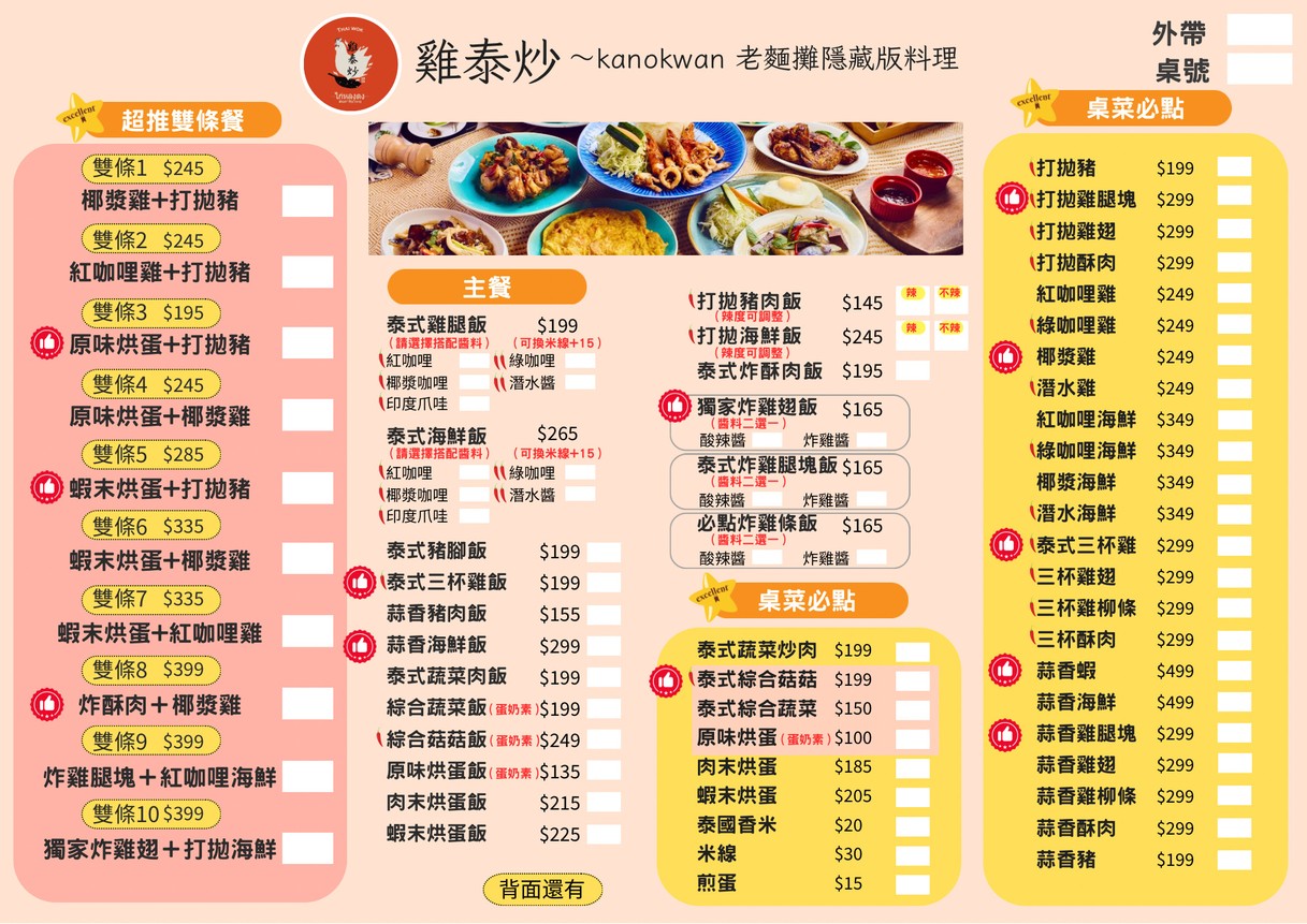 Jī tài chǎo "Kanokwan lǎo miàn zhān zǒng diàn" "Yǐncáng bǎn liàolǐ" menu 1
