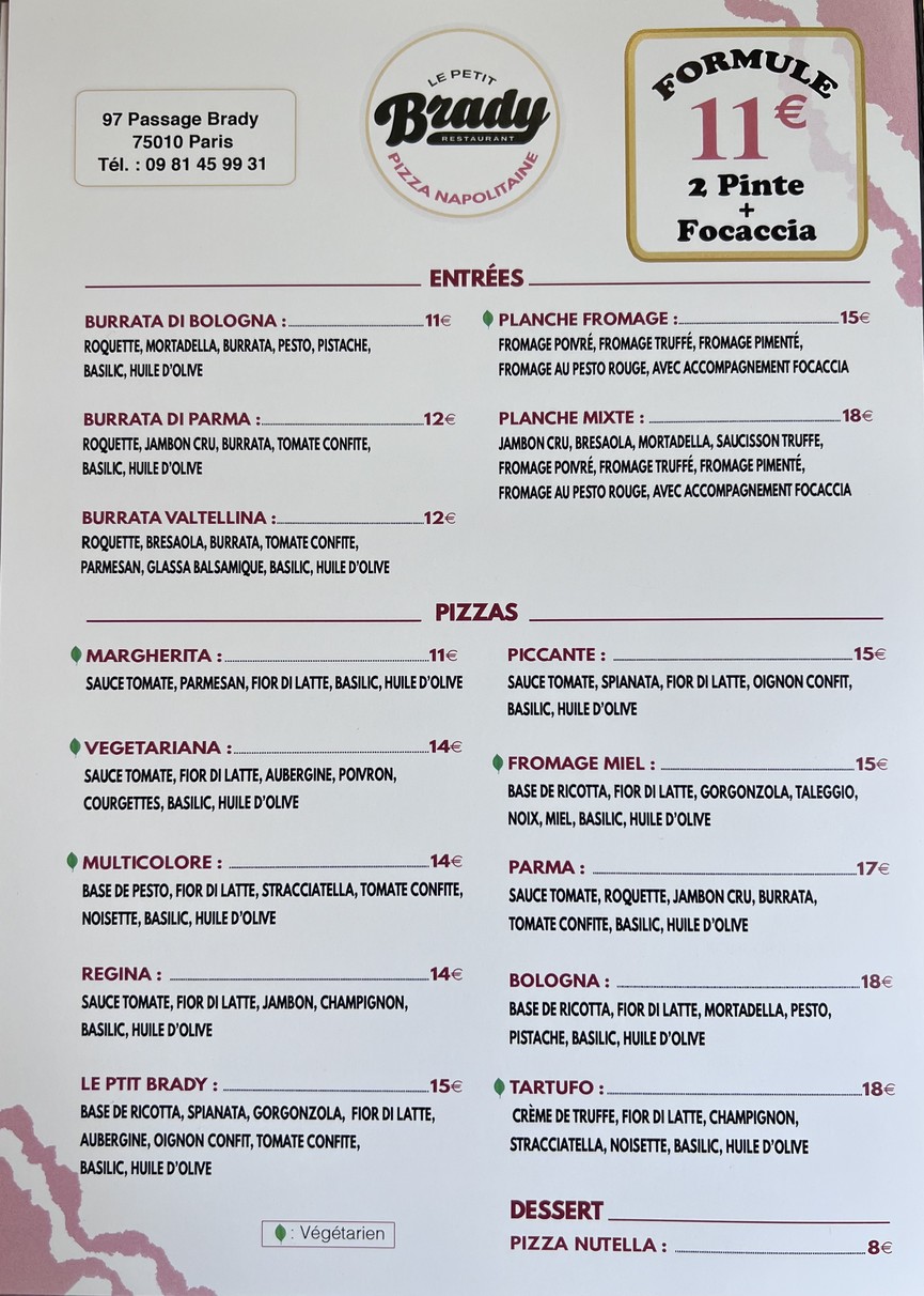 Le Petit Brady - Pizzeria Paris 10 menu 1