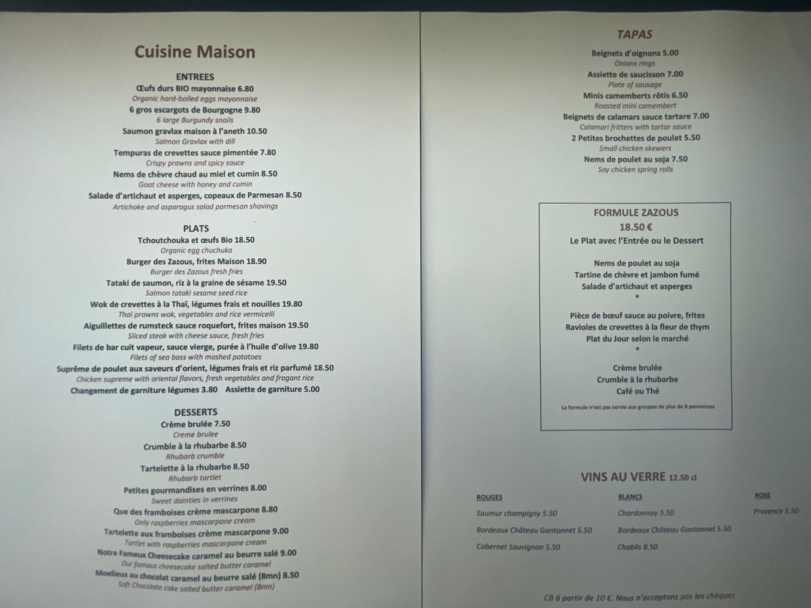 Les Zazous menu 1