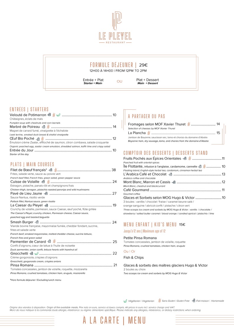 Le Pleyel Restaurant menu 1