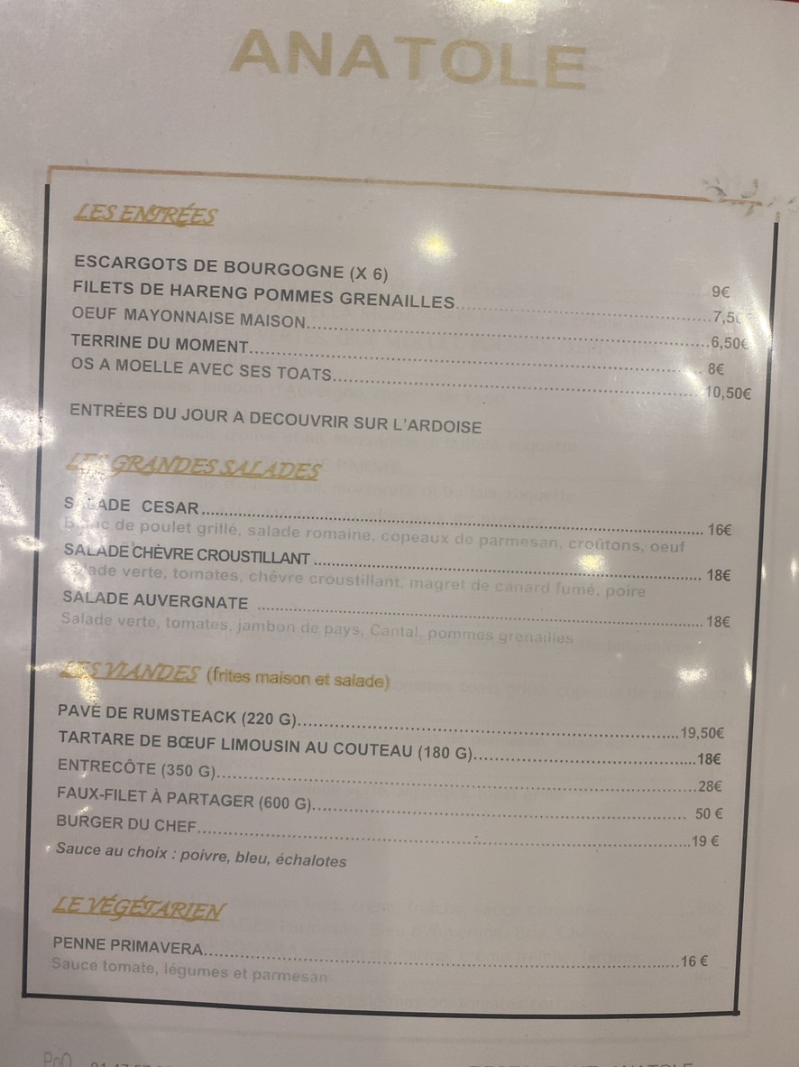 La Table d’Anatole menu 1