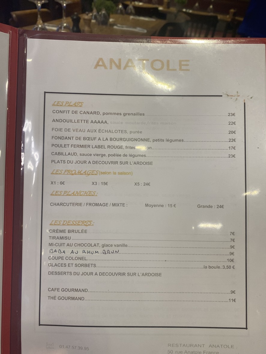La Table d’Anatole menu 2