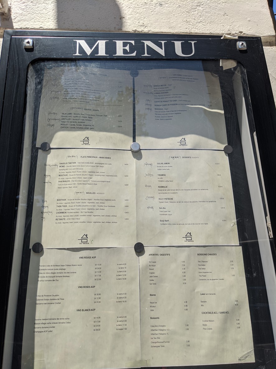 Talaï Lamo - restaurant tibétain menu 1