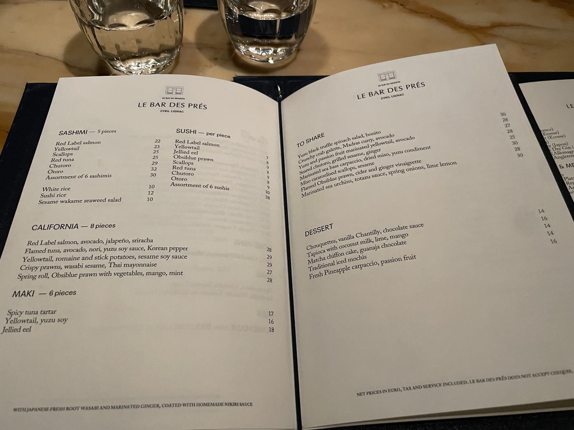 Bar des Prés - Saint-Germain menu 1